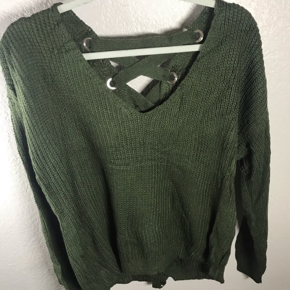 Green LightweightLace Up Back Sweater - Picture 3 of 6